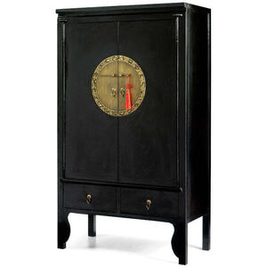 Chinese 2 Door Wooden Wedding Cabinet - Black Lacquer with Brass Handles
