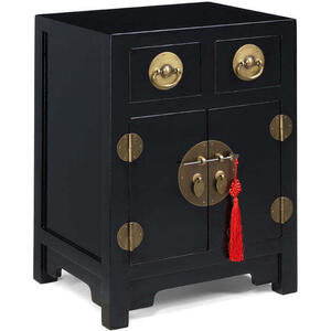 Chinese Wooden 2 Drawer 2 Door End Cabinet - Black Lacquer with Brass Handles