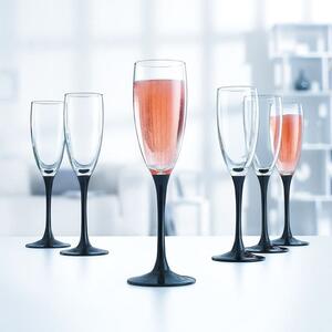 Set of 6 Champagne Fluted Glasses with Black Stem, 180ml, Handmade by Solavia