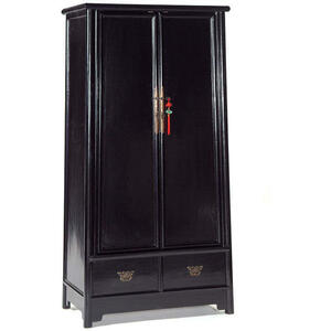 Oriental Tall Tapered 2 Door 2 Drawer Wooden Chinese Wardrobe - Black Lacquer