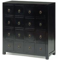 Chinese Wooden Hundred Eye 16 Drawer Chest - Black Lacquer with Brass Handles