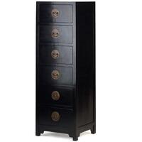 Chinese Ming Wooden 6 Drawer Tall Boy Chest - Black Lacquer with Brass Handles