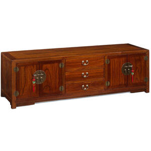 Chinese Kang 4 Door 3 Drawer Low Sideboard - Warm Elm with Brass Handles