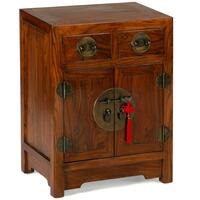 Chinese Wooden 2 Drawer 2 Door Bedside Table - Dark Elm with Brass Handles