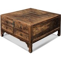 Chinese Antique Low Square Wooden Coffee Table 4 Drawers - Dark Elm