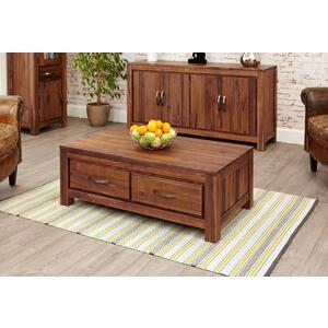 Mayan Walnut Low Rectangular Coffee Table with 4 Drawers Rustic