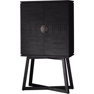 Boho Boutique Black Wood Rustic Cocktail Cabinet with Carved Inlay Pattern