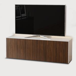 High Gloss White and Walnut Effect TV Cabinet 150cm with Wireless Phone Charging, LED Mood Lighting and Remote Control Eye