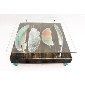 Quirky Bird Feather Wood Slab Coffee Table with Glass Top by Cappa E Spada