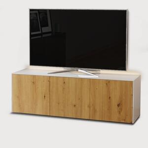 High Gloss White and Oak Effect TV Cabinet 150cm with Wireless Phone Charging, LED Mood Lighting and Remote Control Eye