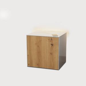 Frank Olsen Cube Lamp Table High Gloss White and Oak Effect with Wireless Phone Charger and LED Mood Lighting