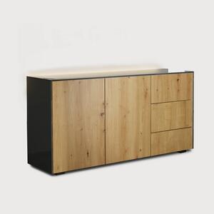 Contemporary High Gloss Grey And Oak Effect Sideboard With Hidden Wireless Phone Charging and LED Mood Lighting