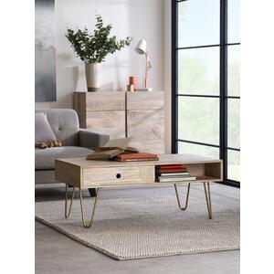 Light Wood & Gold Rectangular Retro Coffee Table 110 x 60cm with Drawer 