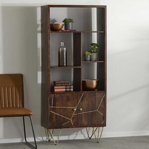 Dark Wood and Gold Large Retro Bookcase with 2 Doors