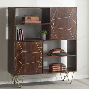 Dark Wood & Gold Retro Display Cabinet Bookcase 2 Door 4 Shelf