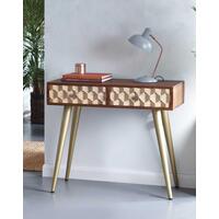Edison Retro Wood & Gold Console Table / Desk with 2 Drawers