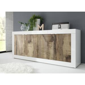 Urbino Sideboard, Four Door - Gloss White and Natural Wood Finish