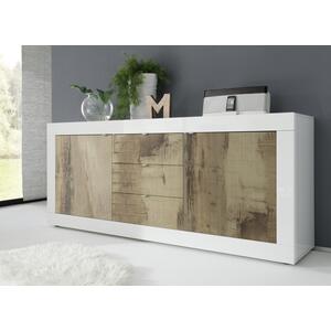 Urbino Sideboard, Two Doors, Three Drawers - Gloss White and Natural Wood Finish