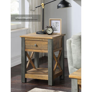Urban Elegance Lamp Table With Drawer Reclaimed Wood and Aluminium