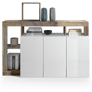 Florence Three Door Sideboard- White Gloss with Natural Finish