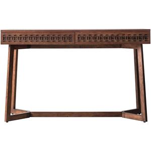 Boho Wooden Rustic 2 Drawer Desk with Carved Inlay Pattern