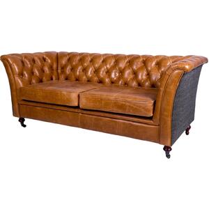 Brown Leather and Dark Harris Tweed Caesar Two Seater Chesterfield Sofa