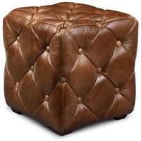 Buttoned Brown Leather Cube Footstool