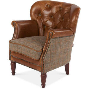 Brown Leather and Harris Tweed Marlon Low Club Chair