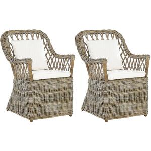 Set of 2 x Maros Natural Rattan Garden Chairs with White Cushions