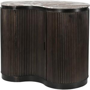 Nore Dark Wood Fluted Retro Bar Cabinet / Console with Beige Marble Top