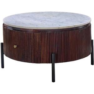 Opal Round Fluted Dark Wood Coffee Table With White Marble Top