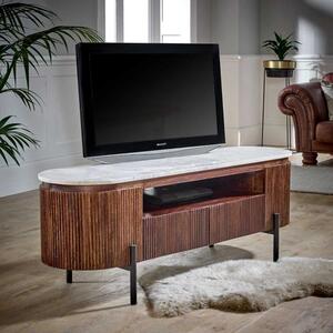 Opal Fluted Dark Wood TV Cabinet With White Marble Top & Metal Legs 