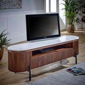 Opal Fluted Dark Wood Large TV Stand With White Marble Top & Metal Legs 