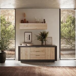 Luna Two Doors / Three Central Drawers Sideboard - Black Lava and Cadiz Oak Finish