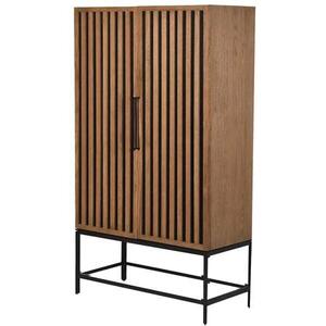 Slatted Aged Oak Tall Storage Cabinet with Black Metal Legs